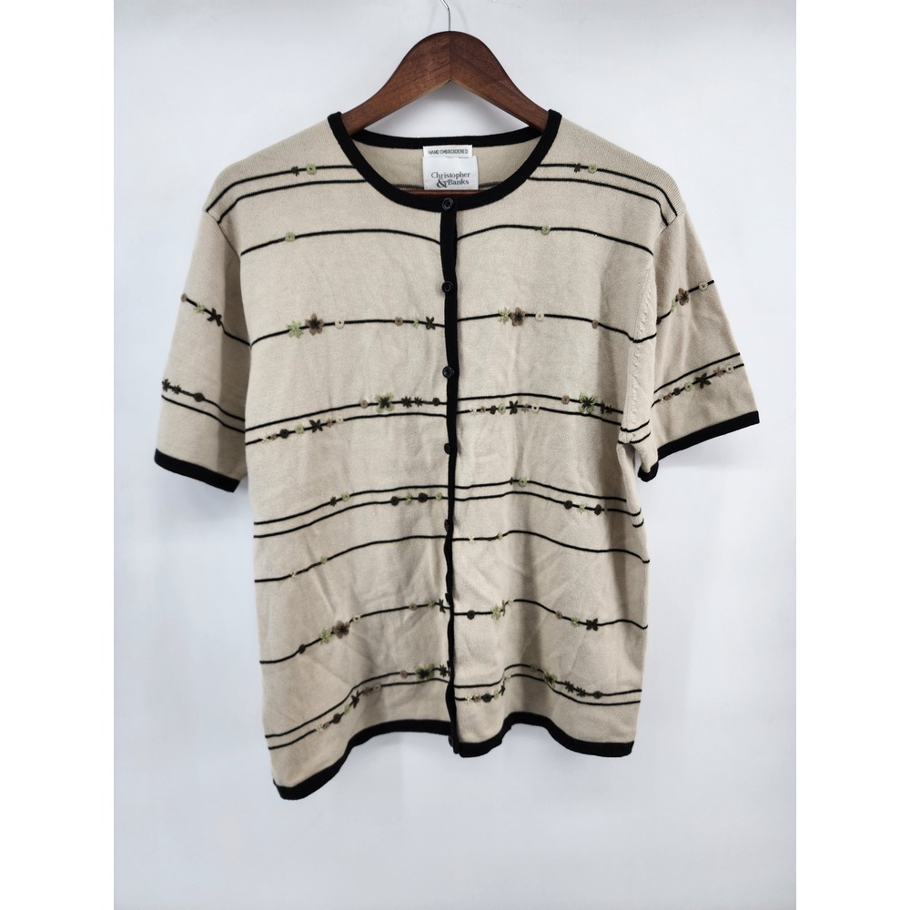 Christopher‎ & Banks Womens XL Beige Striped Floral Embroidered Cardigan Sweater
